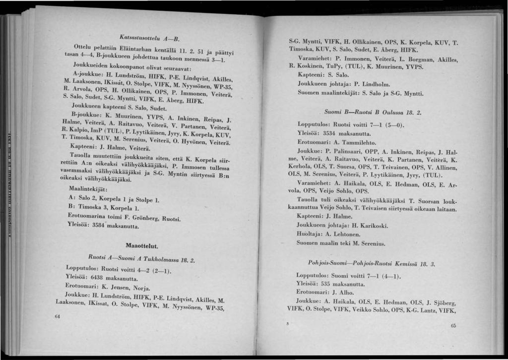 KatsClstusottelu A-B. Ottelu pelattiin Eläintarhan kentällä.. 51 ja päättyi tasan 4--4, B-joukkueen johdettua taukoon mennessä -1. Joukkueiden kokoonpanot olivat seuraavat: A-joukkue: H.