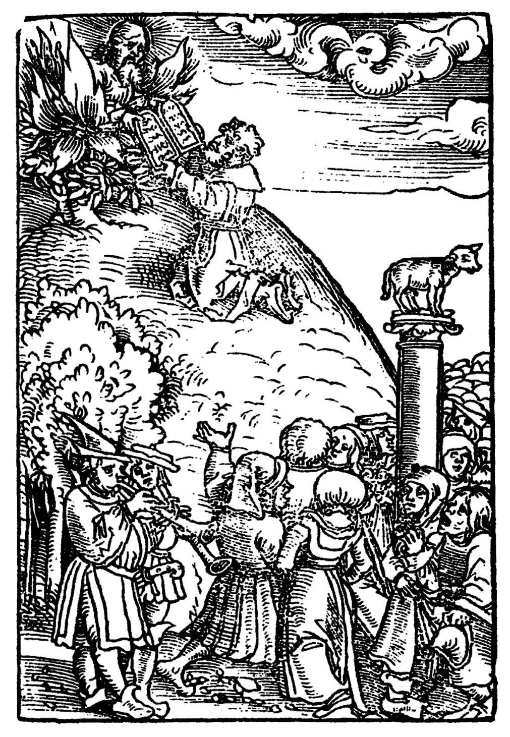 25 Martin Lutheri katekismuses Deutsche Catechismus (1529) on esimese käsu illustratsiooniks Lukas Granachi puugravüür, kus Jumal annab Moosesele käsulauad.