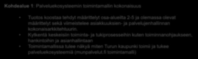 1 Tarjouspyynnön kohdealueet (1-5) Kohdealue 1: Palveluekosysteemin toimintamallin kokonaisuus 3 Tuotos koostaa tehdyt määrittelyt osa-alueilta 2-5 ja olemassa olevat määrittelyt sekä viimeistelee