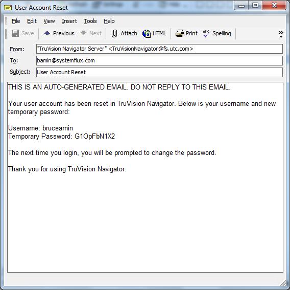 Kappale 4: TruVision Navigatorin asetukset Kuva 54: Käyttäjätilin nollaus -ikkuna Jos SMTP ei ole käytössä, järjestelmänvalvojan on annettava käyttäjälle uusi tilapäinen salasana
