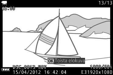 Elokuvien katseleminen Elokuvat on merkitty täyskuvatoistossa 1-kuvakkeella (0 30). Paina J aloittaaksesi toiston.