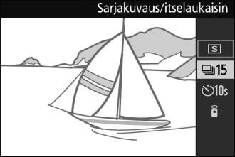 tlisää valokuvauksesta Yksittäiskuva-, sarjakuvaus-, itselaukaisin- ja kaukoohjaintilat Monivalitsimen painikkeen 4 (C) painaminen tuo näkyviin valokuvauksen kuvanottotavat: 8 Yksittäiskuva: kamera