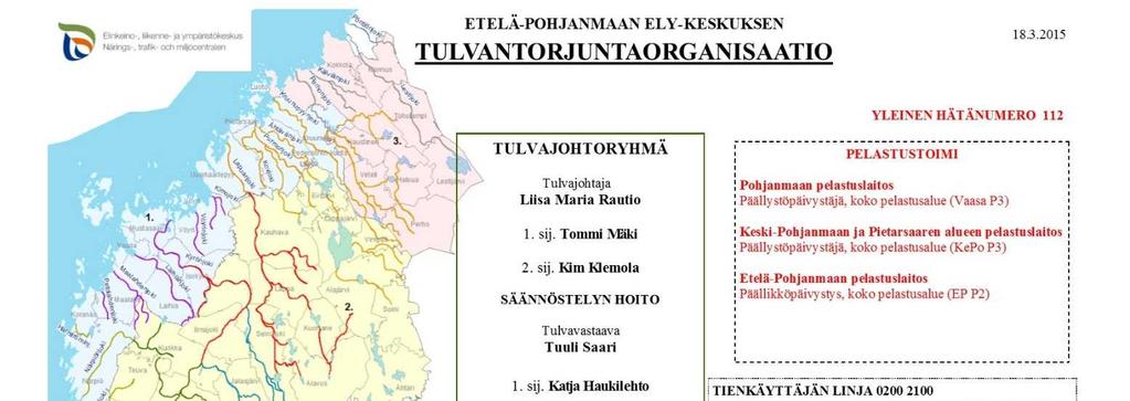 Kuvassa 70 esitetään Etelä-Pohjanmaan ELY-keskuksen alueen tulvantorjuntaorganisaation henkilöt sekä tärkeät yhteystiedot vuonna 2015.