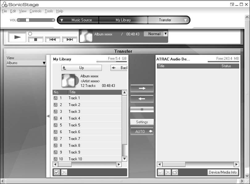 Äänidatan siirtäminen tietokoneesta Network Walkman -laitteeseen SonicStage-ohjelmiston My Library -kirjastoon tallennettu äänidata voidaan siirtää Network Walkman -laitteeseen rajattoman monta