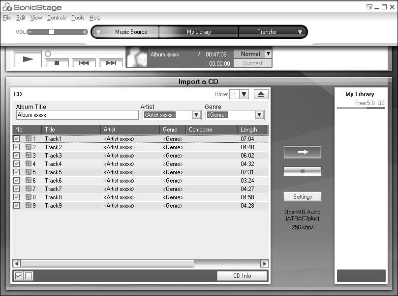 SonicStage -ohjelmiston käyttäminen Äänidatan siirtäminen Tässä luvussa neuvotaan, miten tallennat äänidataa ääni-cd-levyltä tietokoneen kiintolevylle SonicStage-ohjelmiston My Library -kansioon.