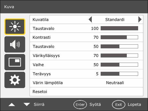 Kuva-valikko Kuva-valikko Kuvatila Määrittää näytön tilan. Vakio Tämä on vakioasetus. Eloisa Näyttää kuvan kirkkaampana ja eloisampana. Elokuva Asetus videoiden ja elokuvien katselulle.