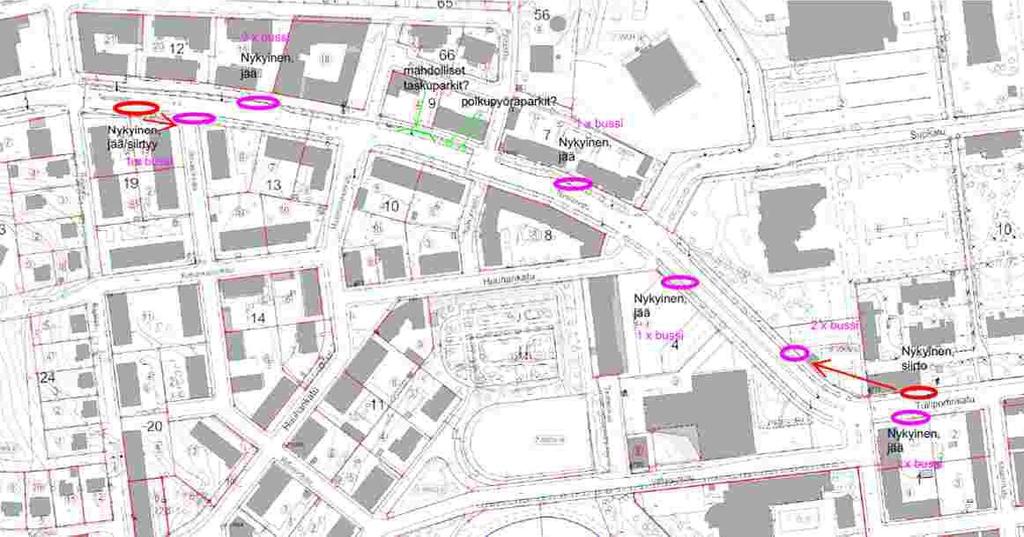 7 (13) Kuva 8. Nykyiset ja uudet pysäkki ja -pysäköintijärjestelyt suunnitteluosuudella. 4.5.