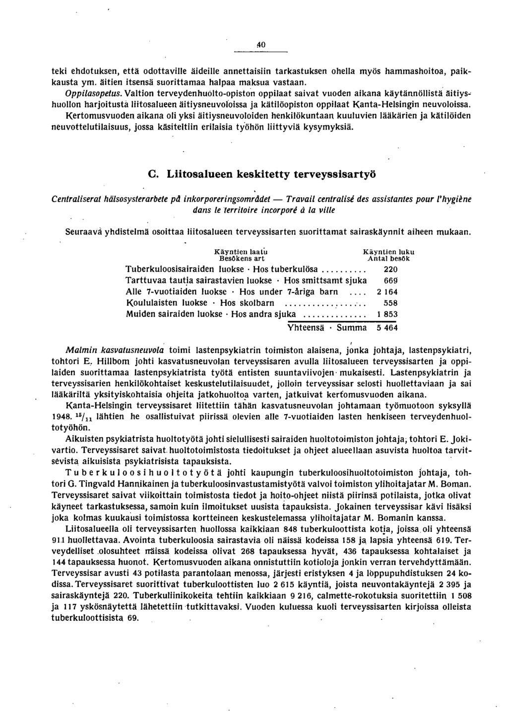 ilo teki ehdotuksen, että odottaville äideille annettaisiin tarkastuksen ohella myös hammashoitoa, paikkausta ym. äitien itsensä suorittamaa halpaa maksua vastaan. Oppilasopetus.