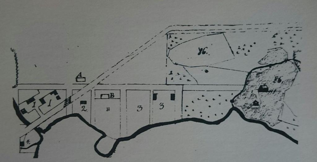 Kartta 4. Lahdentaka, eli Maljalahden pohjoisranta mittauspiirroksessa vuodelta 1811. Lähde: Lappalainen 1982, 397 (alkup. Kuopion Museo, N:o 2816, Die Plane der Stadt Kuopio im Jahre 1811 gemacht).