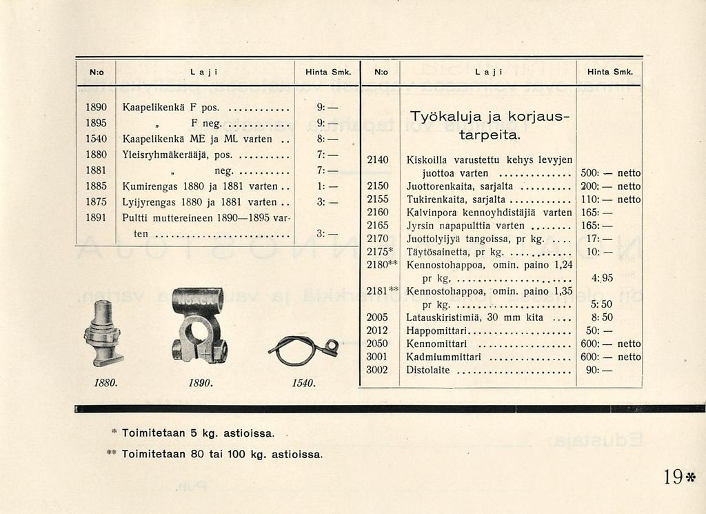 8: 3: Työkaluja N.o Laji Hinta Smk. N:o L a j Hinta Smk. 1890 Kaapelikenkä F pos 9: 1895 F neg 9: 1540 Kaapelikenkä ME ja ML varten.. ja korjaustarpeita.