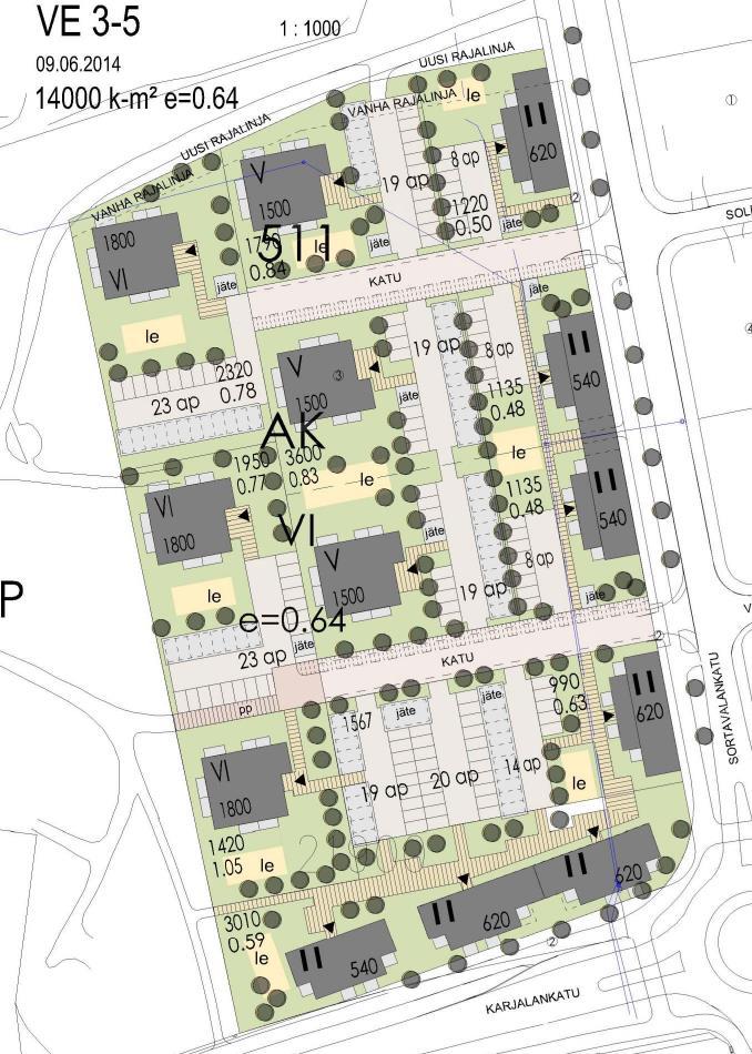VE3 Tässä vaihtoehdossa Sortavalankadun ja Karjalankadun varrelle sijoitetaan kaksikerroksisia asuintaloja.