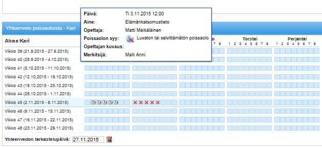 Mikäli samalle päivälle on useampi kuin yksi poissaolo, näkyy päivän kohdalla teksti "Päivän poissaolot": tarkemmat tiedot oppitunneista poissaoloineen saa klikkaamalla päivämäärän edessä olevaa