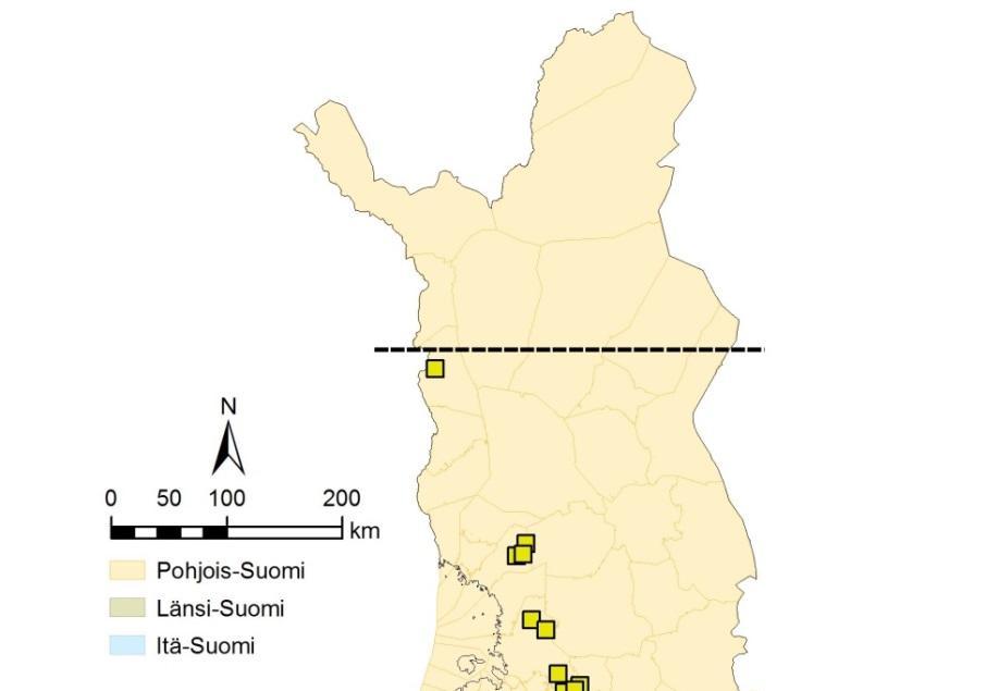 Kuva 2-1 Selvityskohteiden maantieteellinen sijainti sekä Pohjois-, Etelä- Ja Itä-Suomen alueiden rajat 2.