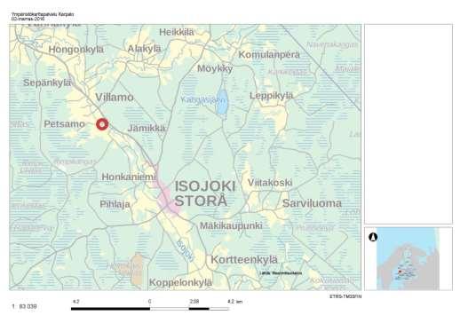 Kuva 1: Kunnostettava alue (ympyröity) sijaitsee Villamon kylässä noin 5 km Isojoen taajamasta luoteeseen. Kuvassa 2 näkyy alueen kiinteistöt.