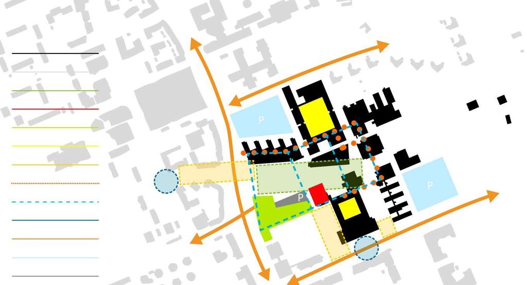 UNIVERSITY AS A PHYSICAL PLATFORM University buildings Other buildings Central park Connector building New construction Infill construction Entrance