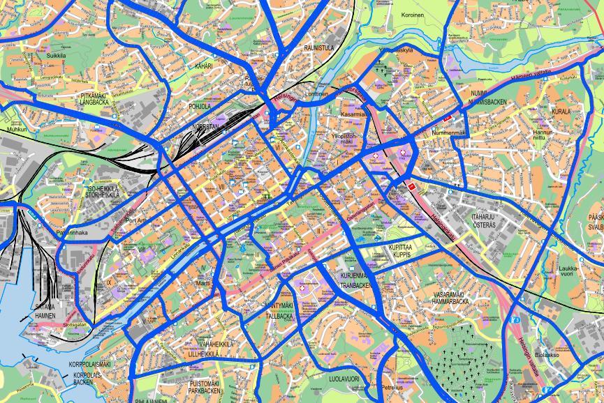 Seutureittien alku- ja päätepisteet Turun keskustassa periaatteena, että seutureittien opastus alkaa ja päättyy keskustan kehän kulmapisteissä