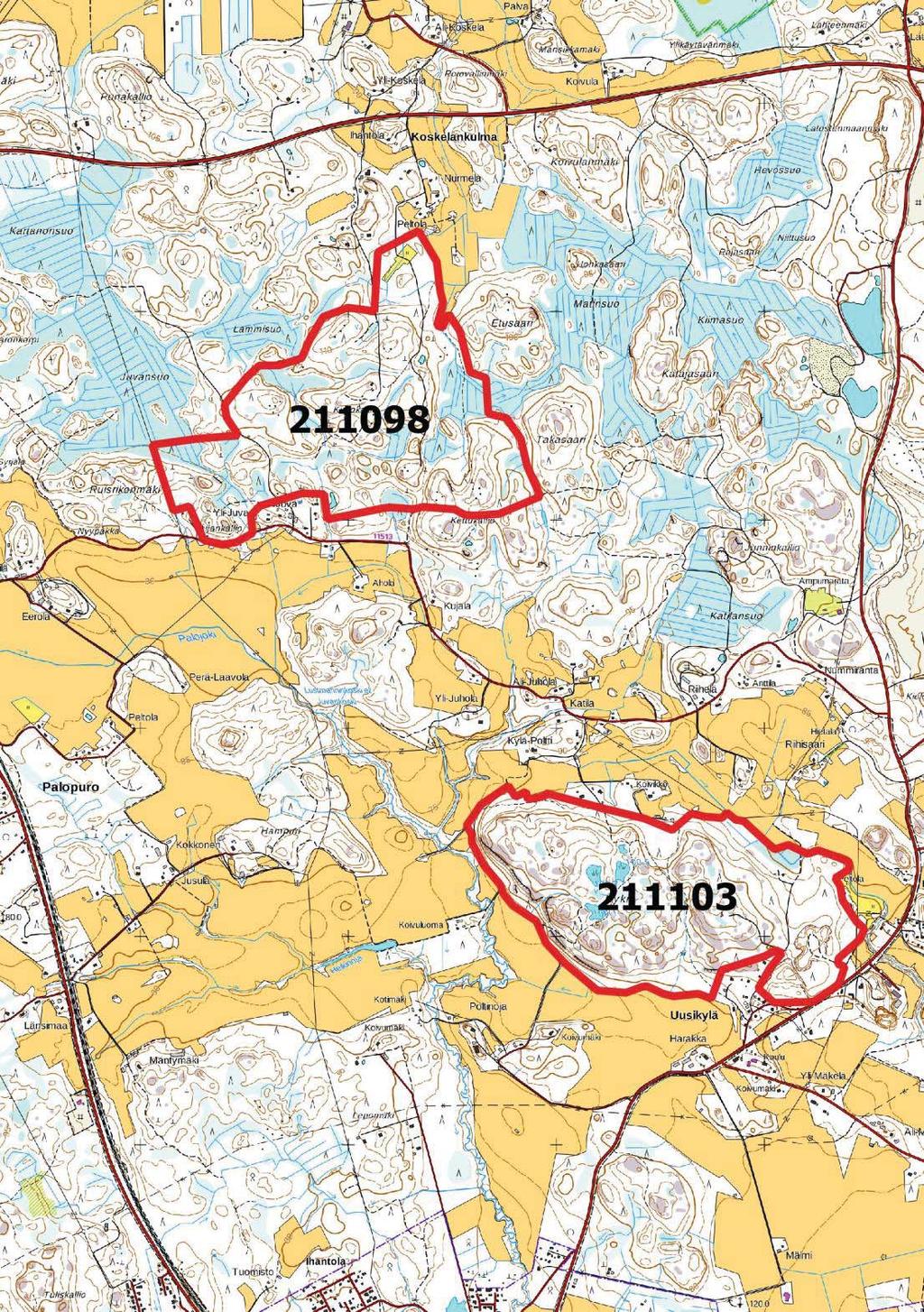 LIITE 2 Keväällä 2017 tutkitut linnustokohteet kartalla (kartta 2/2). Tutkitut alueet on osoitettu punaisella rajauksella.