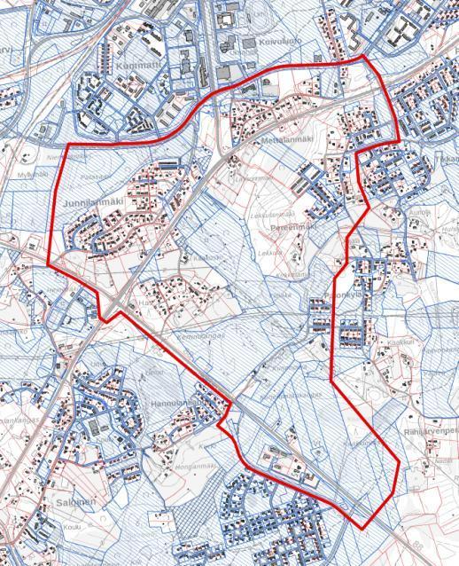 kulttuuriympäristöön. Osayleiskaava-alueen alustava rajaus on merkitty oheiseen karttaan punaisella viivalla. Peruskartalle on merkitty kaupungin maanomistus sinisellä vinoviivoituksella.
