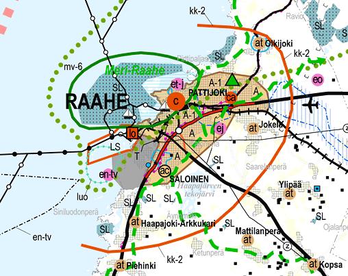 Ote maakuntakaavojen yhdistelmäkartasta Pohjois-Pohjanmaan maakuntakaava 2030 on koko maakunnan ja kaikki maankäyttökysymykset käsittävä ns.