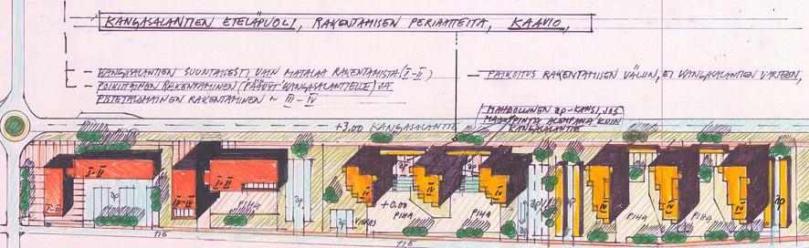 IV-kerroksisin asuinrakennuksin ja II-kerroksisian liikerakennuksin. Tärkeiden solmukohtien, kiertoliittymien kohdalla, voi yhdellä risteyksen kulmalla olla tätä selvästi korkeampi rakennus.