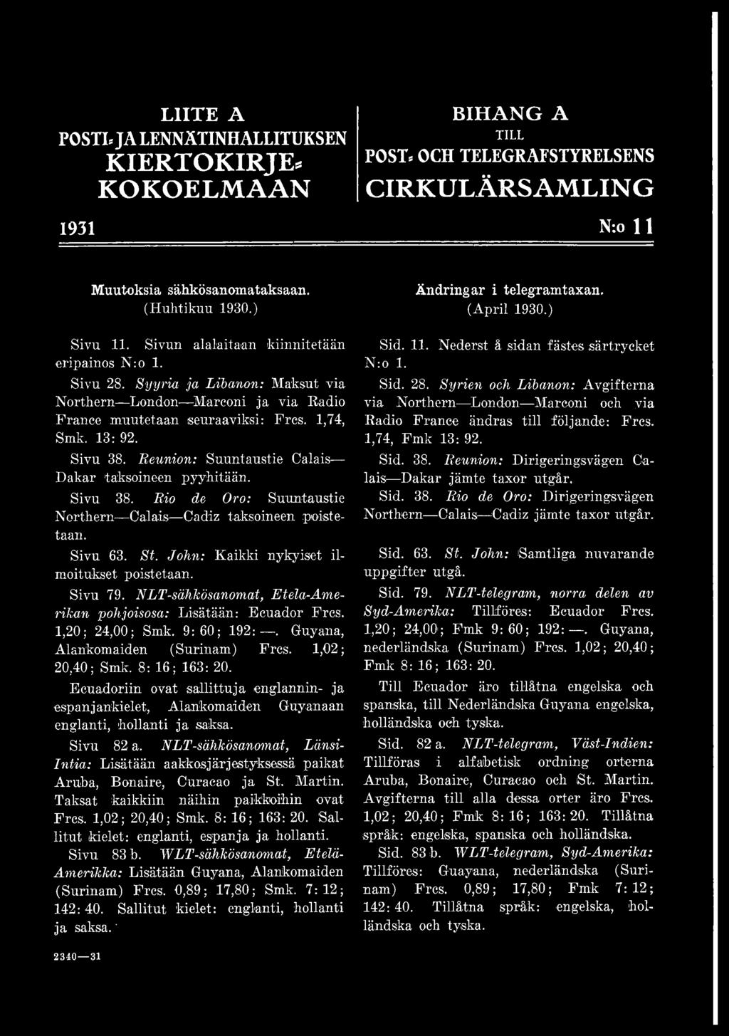 Ecuadoriin ovat sallittuja englannin- ja espanjankielet, Alankomaiden Guyanaan englanti, hollanti ja saksa. Sivu 82 a.