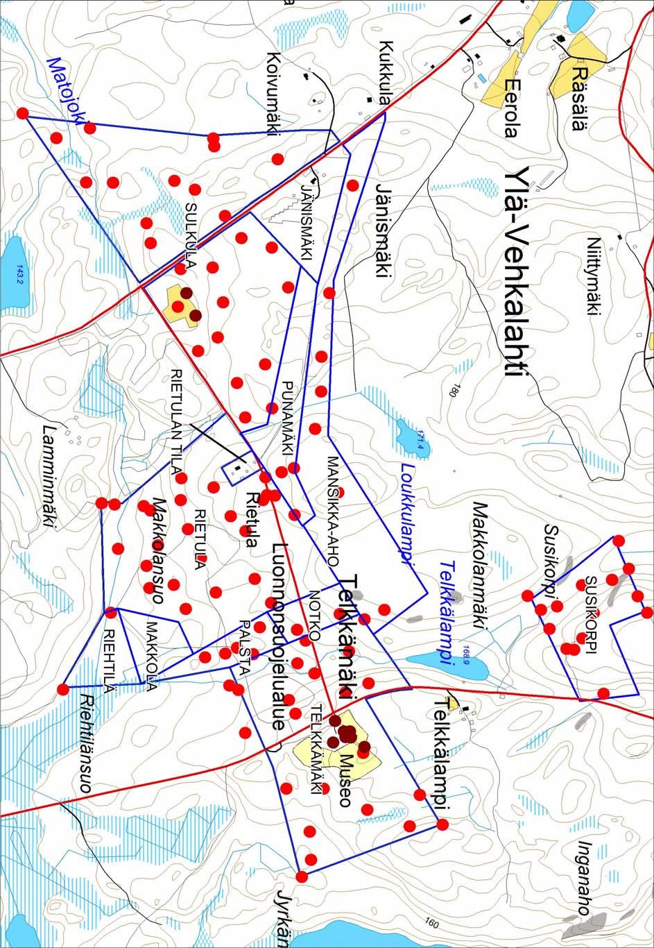 Kartta 2. Inventointialueen tarkempi kartta: palstat erotettu sinisellä.