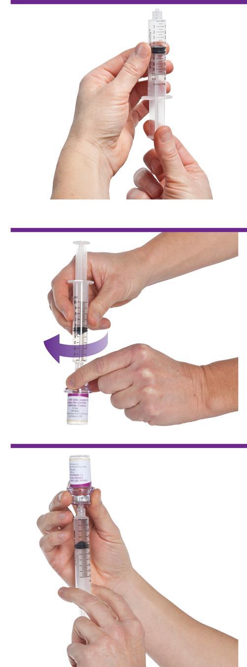 3. Käytä annostelupakkauksen mukana tulevaa steriiliä 10 ml:n kertakäyttöruiskua, jossa on luer-liitin. Vedä mäntää taaksepäin ja päästä ruiskuun noin 5 ml ilmaa. 4.