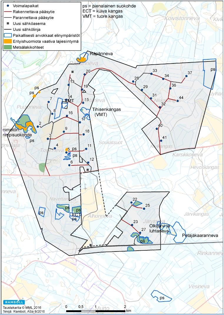 15 Suunnittelualueen luoteisosassa Tihistenkankaalla voimaloiden 15 ja 17 välissä sijaitsee pienialainen metsälakikohde, josta etäisyyttä lähimpään suunniteltuun voimalanpaikkaan on hieman yli 200