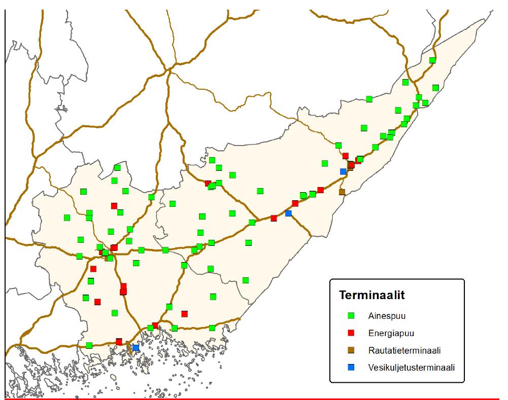 Kuva 10. Kaakkois-Suomen käyttöpaikkojen ulkopuolella sijaitsevat puuterminaalit ja kuormauspaikat. Lähde: Metsäteho Oy, 2017.