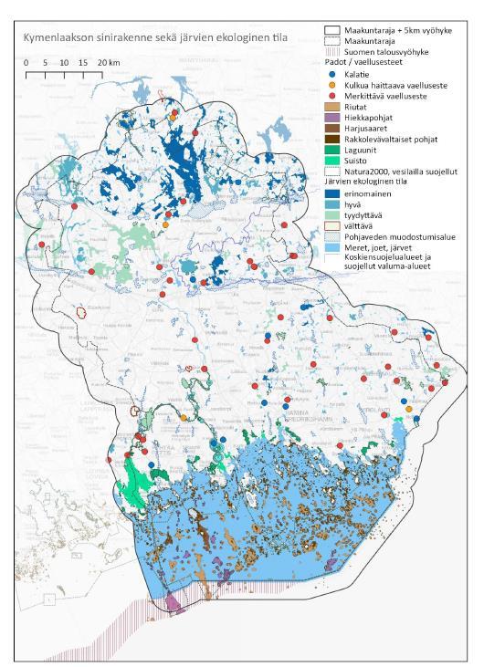 Kuva 12. Kymenlaakson sinirakenne sekä järvien ekologinen tila.