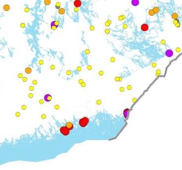 Vesiviljely Kymijoen-Suomenlahden vesienhoitoalueella oli vuonna 2012 viisi verkkoallaslaitosta ja yksi kiertovesilaitos Virolahdella sekä Pyhtään Parlahdella kaksi verkkoallaslaitosta (kuva 22,