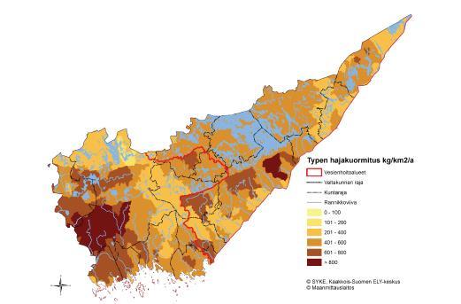 Kuva 32. Typen hajakuormitus Kaakkois-Suomen alueella vuosina 2000-2011. Lähde: VEMALA-malli, Kaakkois-Suomen ELY-keskus, 2016.