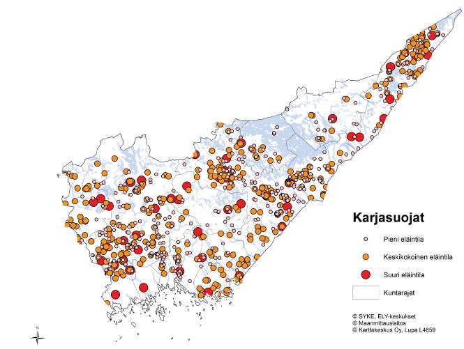 Kymenlaakson karjatilat ovat jakautuneet melko tasaisesti ympäri Kymenlaaksoa (kuva 54).