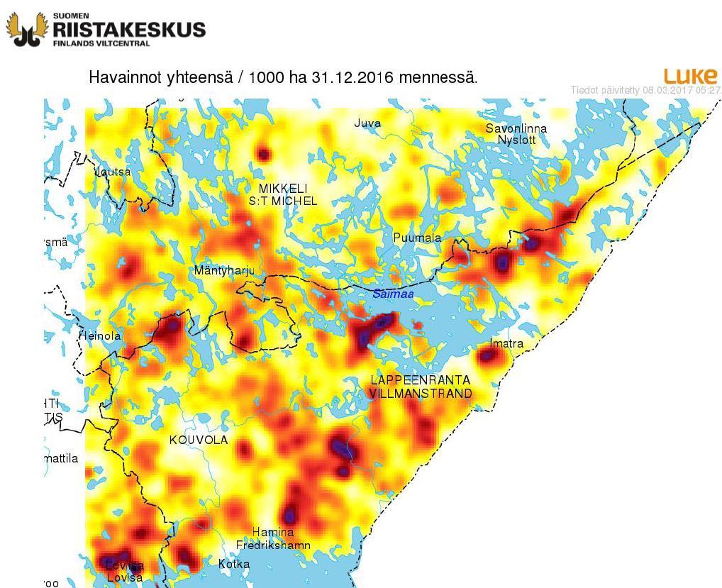 Kuva 69. Hirvieläinten havainnot Kymenlaaksossa (kpl/1000 ha) v. 2016.