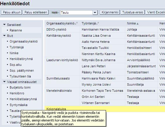 Valitse raportti Henkilötiedot. Raahaa hiirellä vasemmalla olevasta luettelosta vaihtoehto Syntymäaika.