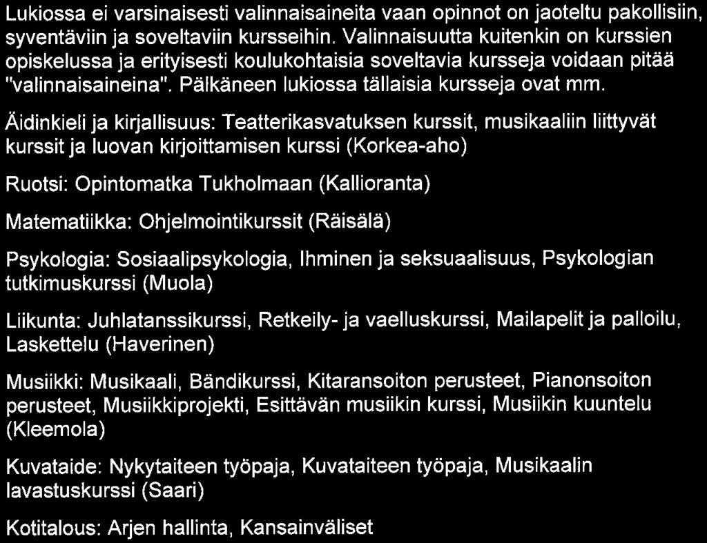 Valinnaisuutta kuitenkin on kurssien opiskelussa ja erityisesti koulukohtaisia soveltavia kursseja voidaan pitää "valinnaisaineina". Pälkäneen lukiossa tällaisia kursseja ovat mm.