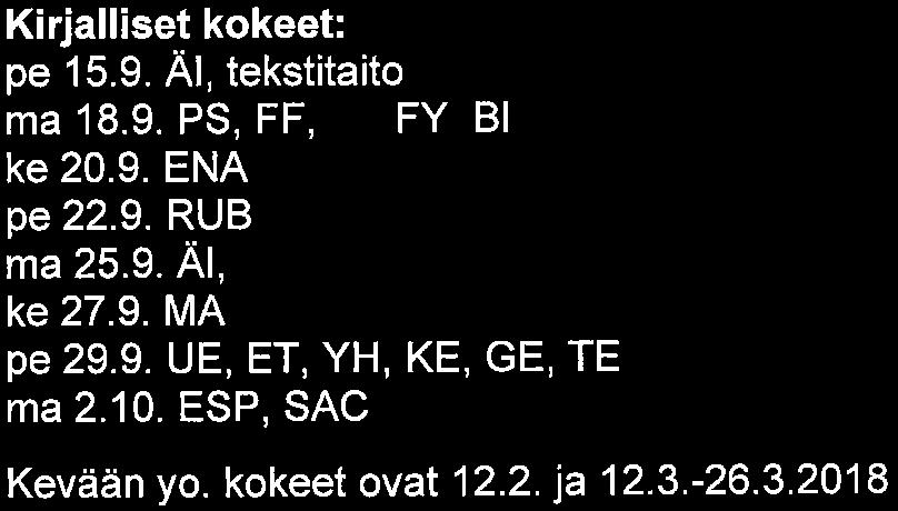 Pälkäneen lukio Sivu 4/8 Kuullun kokeet: ma 11. 9. ENA, ti 12. 9. ESP Kirjalliset kokeet: pe 15. 9. Al, tekstitaito ma 18. 9. PS, FF, Hl, FY, Bl ke 20. 9. ENA pe 22. 9. RUB ma 25. 9. Al, essee ke 27.