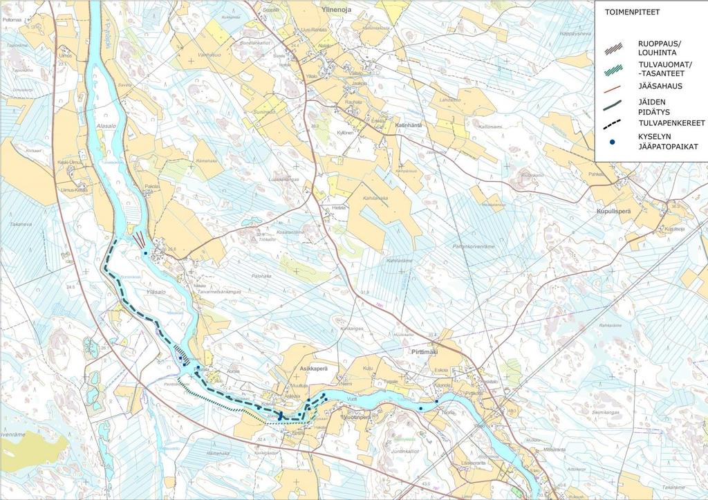 FCG SUUNNITTELU JA TEKNIIKKA OY Alustava luonnos 8 (39) 3.3.4 Helaakoski Kuva 6. Jääsahauskartta v. 2013 sekä lähialueen tulvasuojelutoimenpiteet.