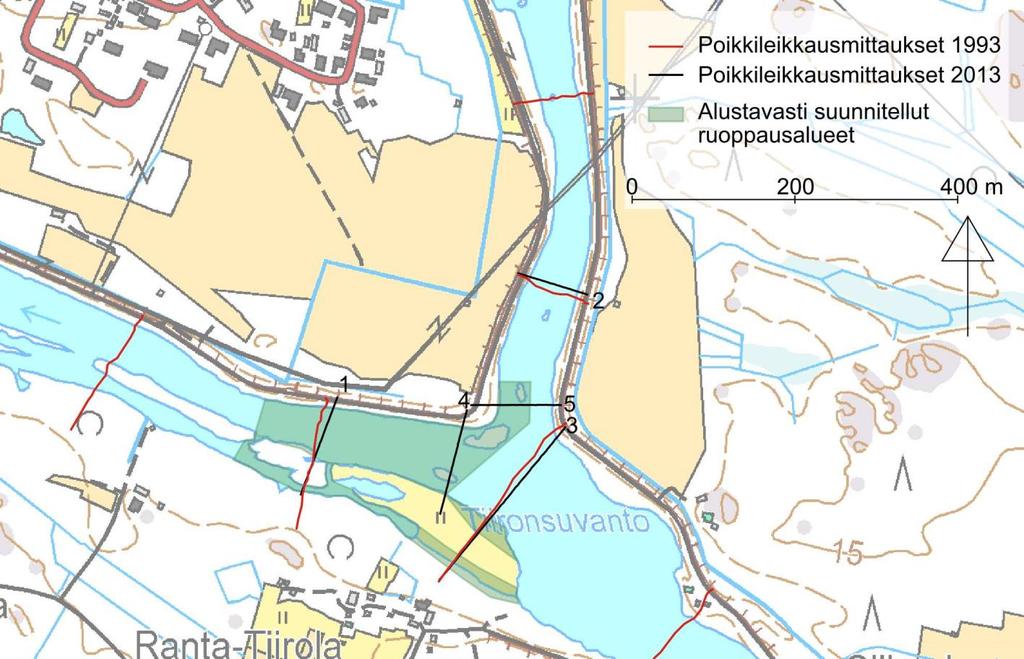 FCG SUUNNITTELU JA TEKNIIKKA OY Alustava luonnos 14 (39) Kuva 12. Tiironsuvannon alaosan sekä etelä- ja pohjoishaaran yläosan poikkileikkausmittaukset 1993 ja 2013.