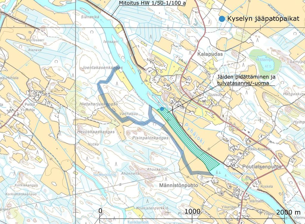 FCG SUUNNITTELU JA TEKNIIKKA OY Alustava luonnos 27 (39) Kuva 25. Kalaputaalle jääpatopaikkojen yhteyteen suunniteltavat tulvatauomat.