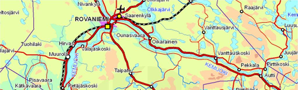 lentoasemalle Rovaniemellä on ajoteitse matkaa noin 65 km ja Rovaniemen juna-asemalle noin 55 km (kuva 3).