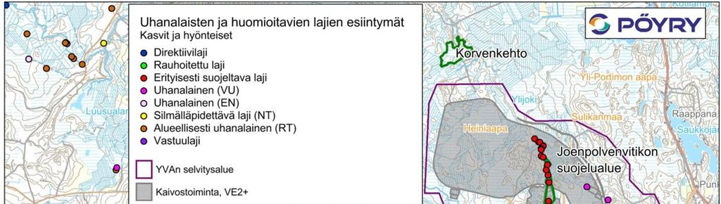 Kuva 15. Hankealueella ja sen läheisyydessä esiintyvien uhanalaisten ja huomioitavien lajien esiintymät. Tiedot Eliölajit-tietojärjestelmä (Lapin ELY 29.6.