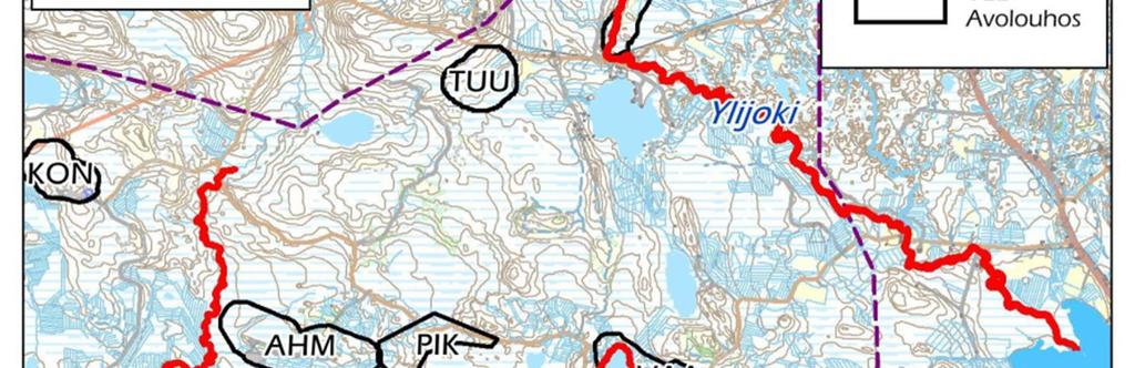 vesien keskivirtaamatilanteissa. Vaikutusalue on esitetty kuvassa punaisella. Maa- ja kallioperä sekä pohjavesi Louhosten kuivatus vaikuttaa pohjaveden pinnantasoihin.