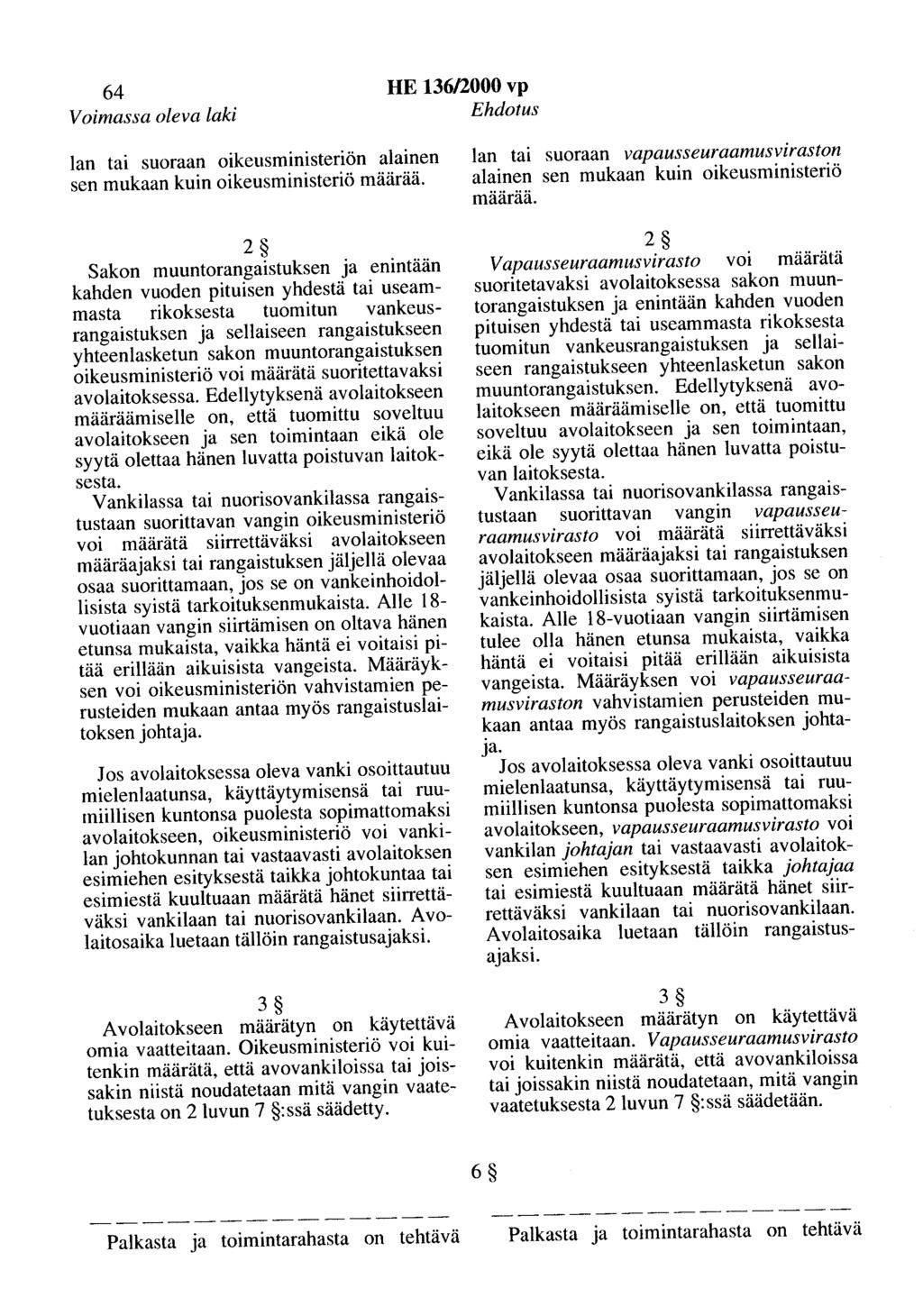 64 Voimassa oleva laki HE 136/2000 vp Ehdotus lan tai suoraan oikeusministeriön alainen sen mukaan kuin oikeusministeriö määrää.