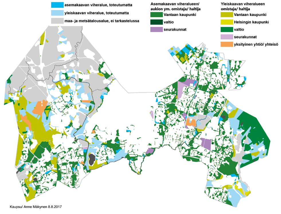 Viheralueverkoston toteutuminen Voimassaolevien kaavojen viheralueiden toteutumista tarkastellaan maanomistuksen perusteella.