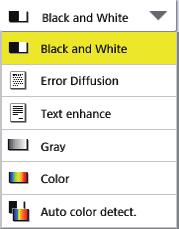 [Auto Color Detection] [Automaattinen värin tunnistus] -toimintoa ei voi käyttää samanaikaisesti värinpoisto- tai esiskannaustoiminnon kanssa.