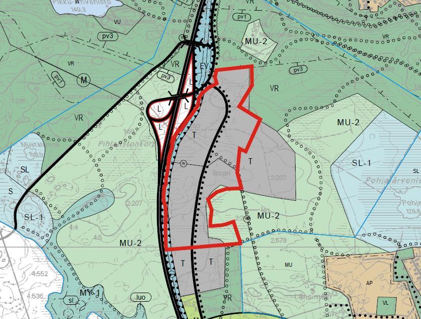 työpaikka-alueena. Kaava-alueen länsipuolelle, mutta ei tälle alueelle, kohdistuu yksi läntisen ratayhteyden vaihtoehto.