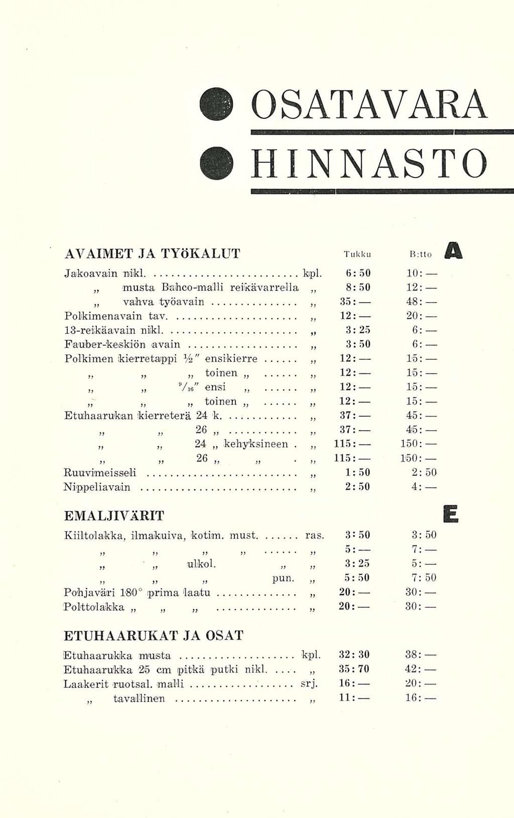 . OSATAVARA HINNASTO AVAIMET JA TYÖKALUT Tukku B:tto Jakoavain nikl kipl.