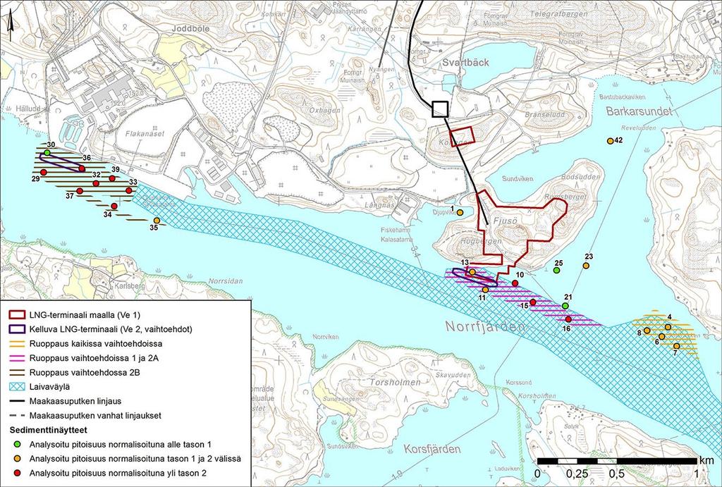 Finngulf LNG LNG-terminaali Inkooseen Sedimenttien haitta-aineet merialueella Suunnitelluilla ruoppausalueilla on tutkittu sedimenttien haitta-ainepitoisuuksia marraskuussa 2014 (Kuva 40 ja Taulukko