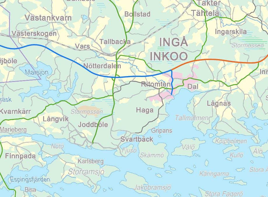 ympäristön nykytila ja HANKKEEN vaikutusten arviointi Kuva 53. Nykytilanteen 2014 liikennemäärät Inkoon yleisillä teillä (Liikenneviraston tiemappi, 2014 ).